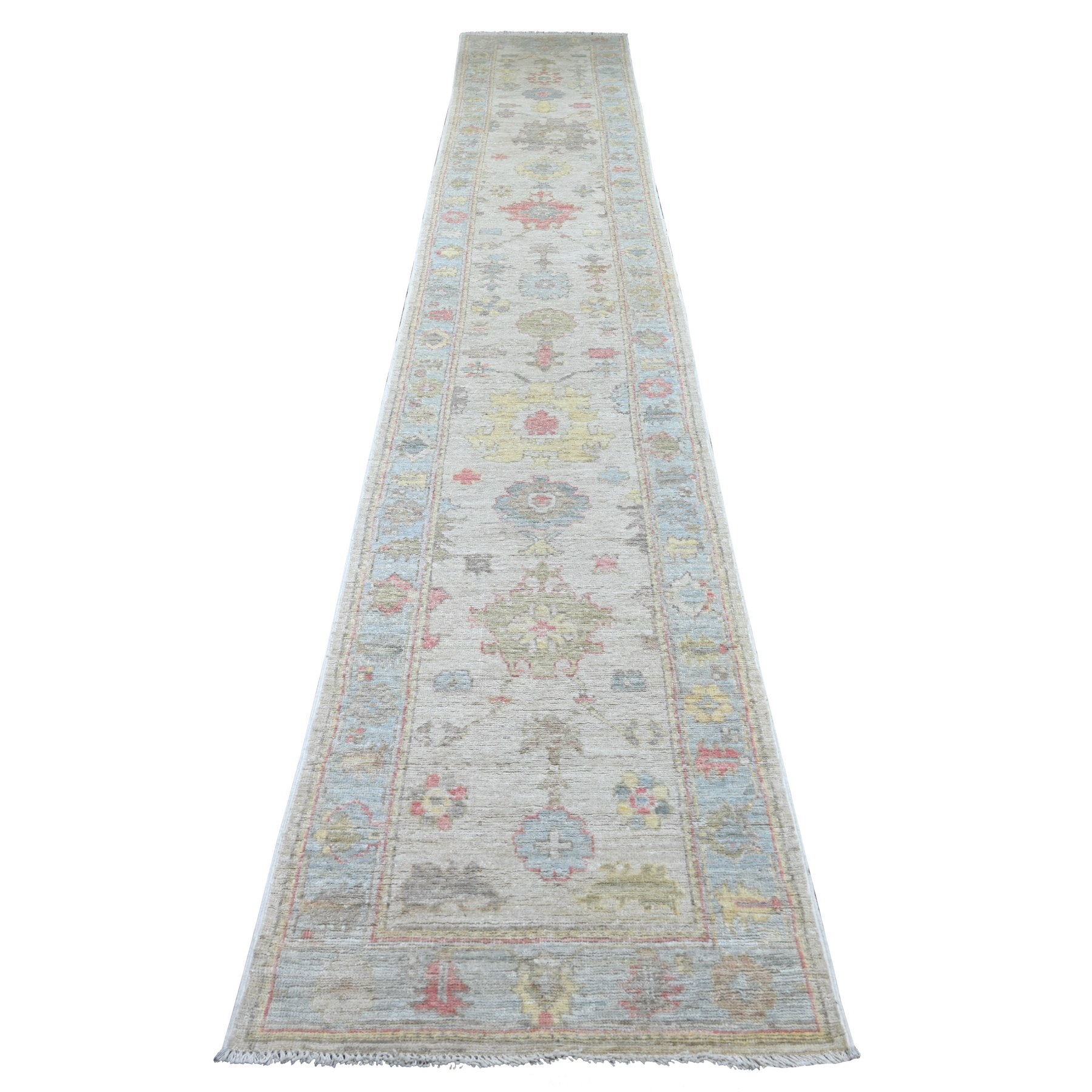 2'6"x15'5" Oyster White, Afghan Angora Oushak with All Over Leaf Design, Hand Knotted, 100% Wool, Vegetable Dyes, XL Runner, Oriental Rug 